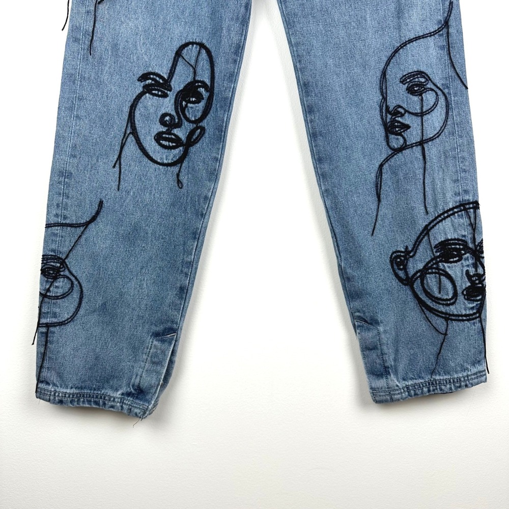 Maniere De Voir Line Art Mom Jeans Blue Embroidered Face Denim Pants Size 6 - Picture 5 of 14